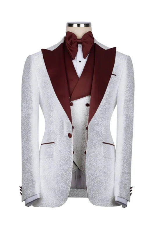 Generous White Jacquard Peaked Lapel Prom Suits With Waistcoat