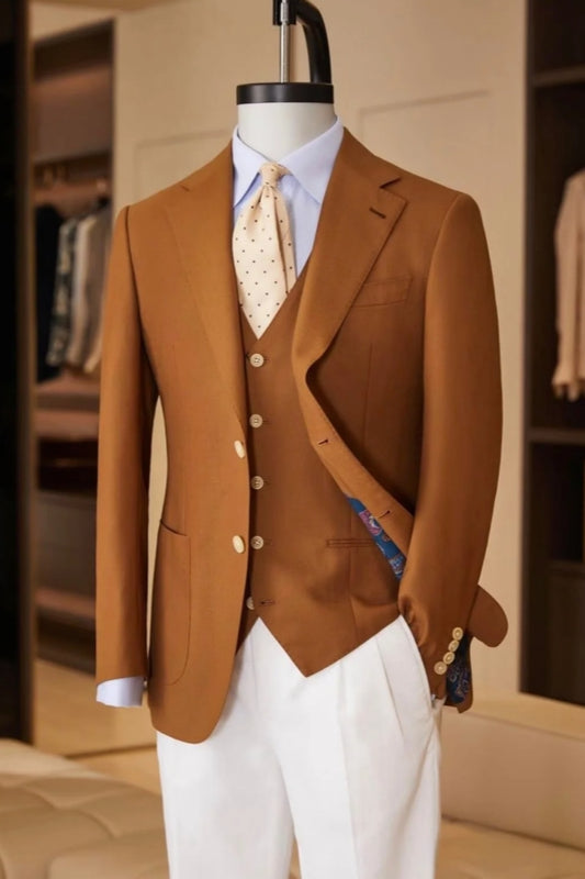 Camel Notched Lapel Wool Business Suits With White Pants