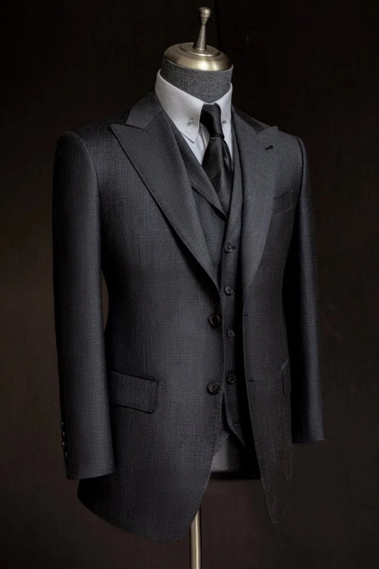 3 Pieces Stylish Dark Charcoal Gray Peaked Lapel Wool Business Suits
