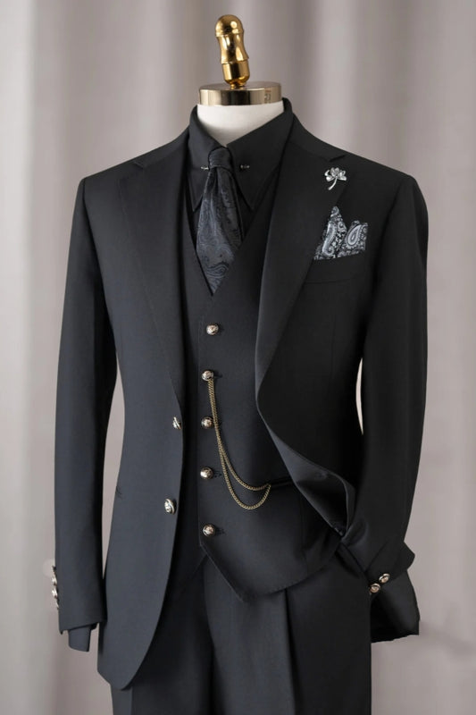 Stylish Modern Black Notched Lapel Wool Business Suits With Waistcoat