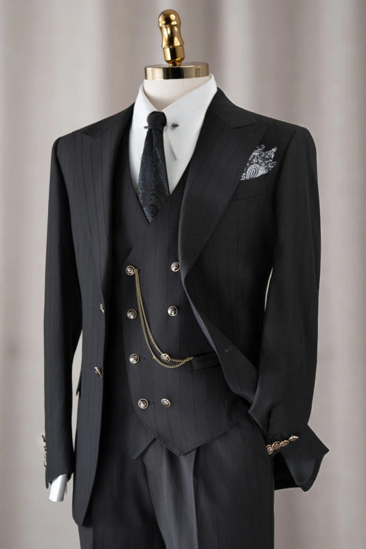 Cool Black Peaked Lapel Striped Business Suits With Waistcoat