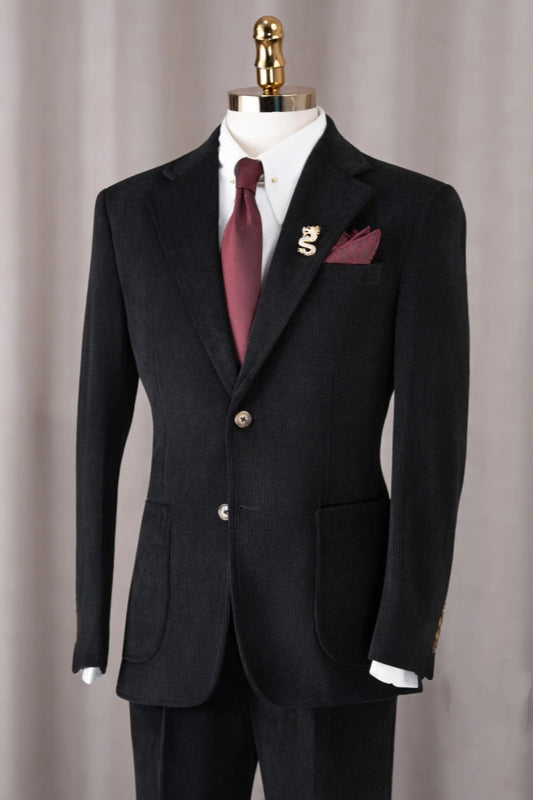 Latest Formal Black Corduroy Peaked Lapel Business Suits