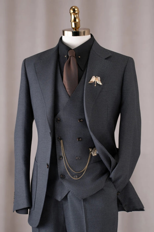 Bespoke Gray Notched Lapel 3 Pieces Close Fitting Wool Business Suits