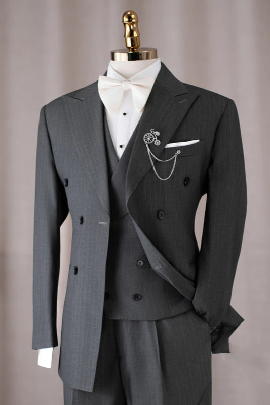 Slim Fit Gray Peaked Lapel Striped Business Suits With Waistcoat