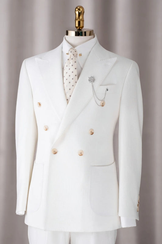 Close Fitting White Peaked Lapel Double Breasted Wool Wedding Suits