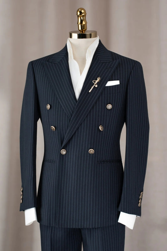 Fashion Navy Blue Striped Double Breasted Peaked Lapel Business Suits