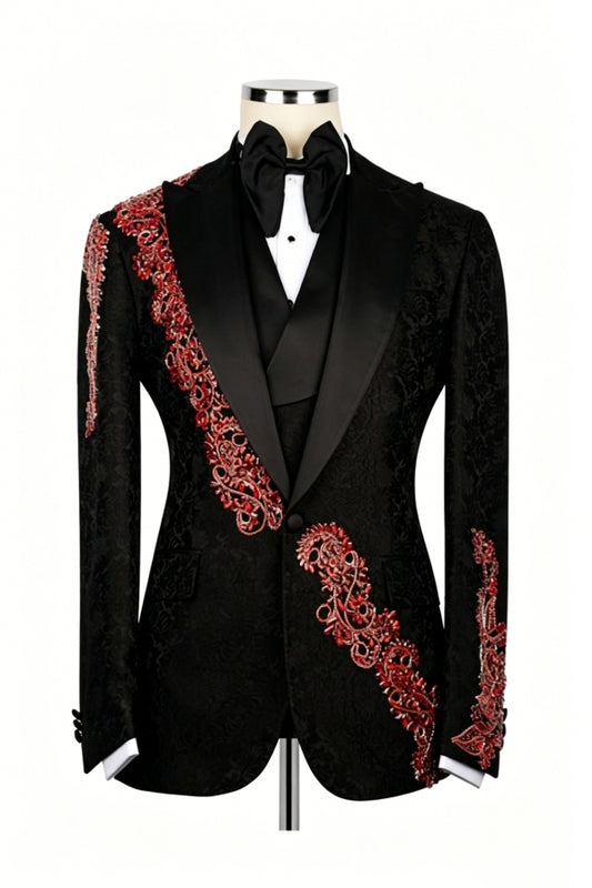 Charming Black Jacquard 3 Pieces Peaked Lapel Prom Suits With Appliques