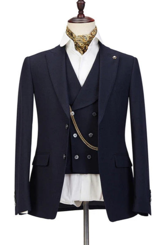 Cool Black 3 Pieces Peaked Lapel Wool Business Suits