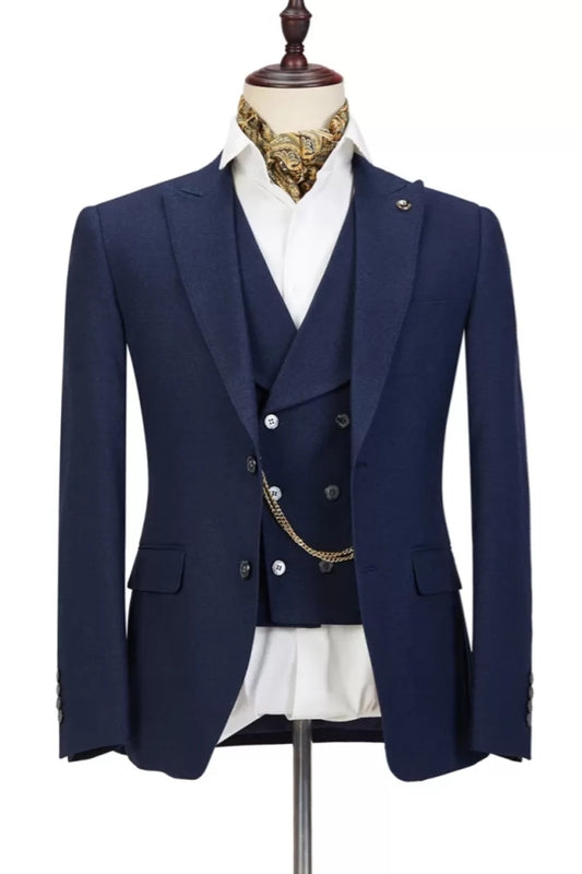 Dark Blue New Arrival 3 Pieces Peaked Lapel Wool Business Suits