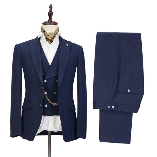 Dark Blue New Arrival 3 Pieces Peaked Lapel Wool Business Suits