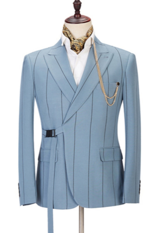 Chic Blue Peaked Lapel Striped Prom Men Suits