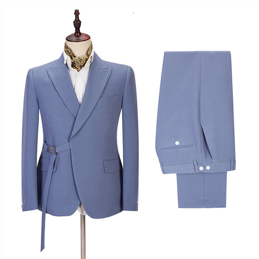 Fashion Ocean Blue Peaked Lapel Wool Prom Men Suits