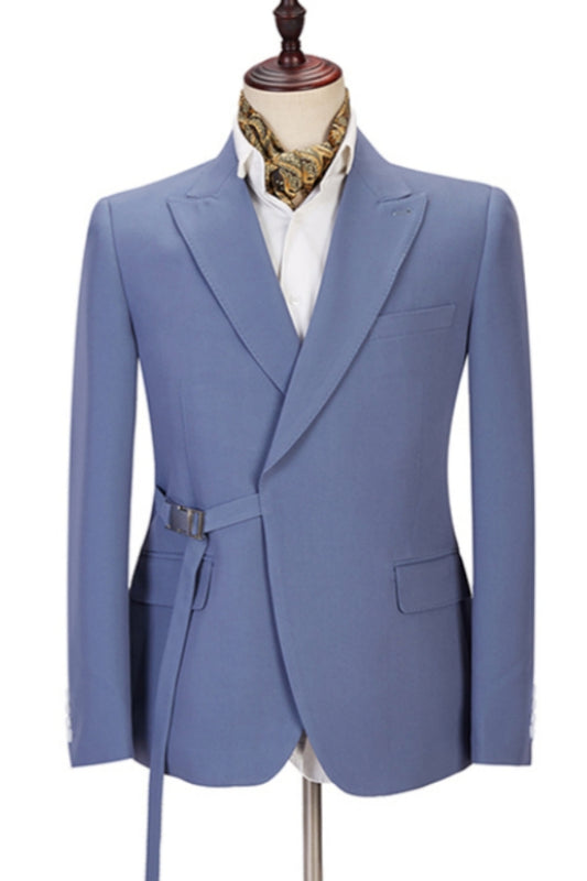 Fashion Ocean Blue Peaked Lapel Wool Prom Men Suits