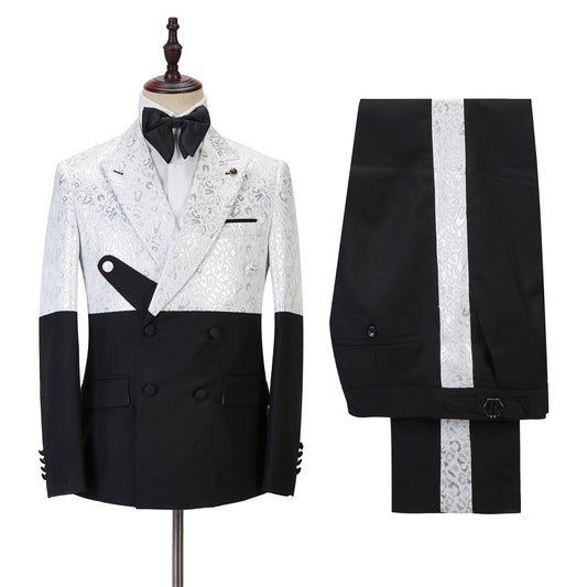 Stylish Black And White Peaked Lapel Jacquard Prom Men Suits