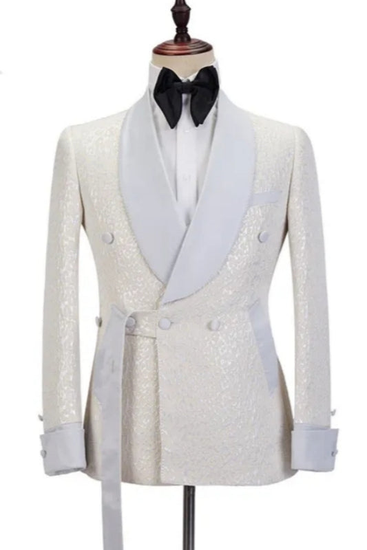 Modern White Double Breasted Jacquard Shawl Lapel Wedding Suits