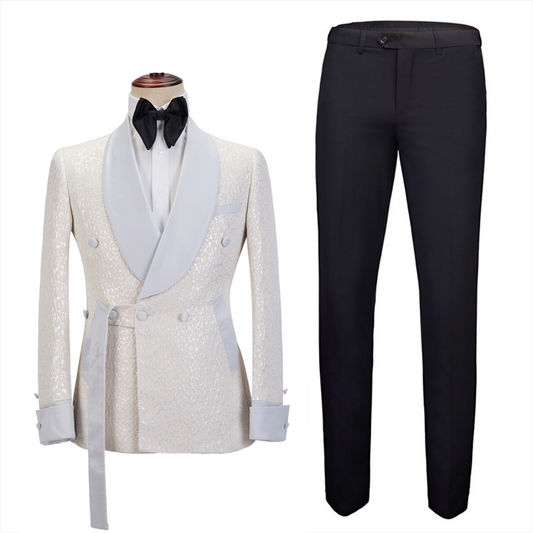 Modern White Double Breasted Jacquard Shawl Lapel Wedding Suits
