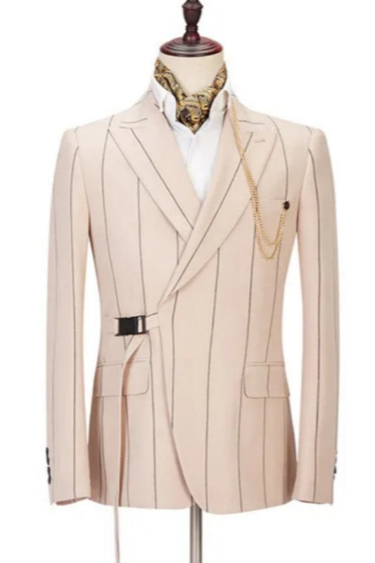 Popular Champagne Striped Peaked Lapel Prom Men Suits