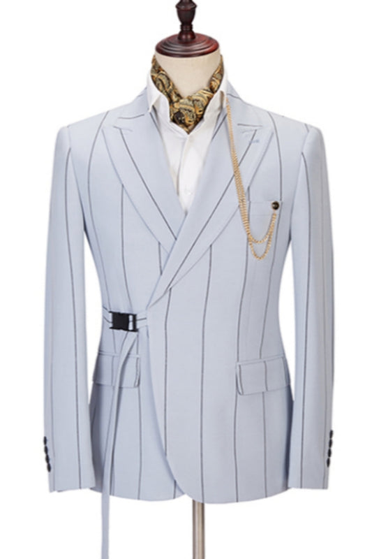 Latest Light Blue Striped Peaked Lapel Prom Men Suits