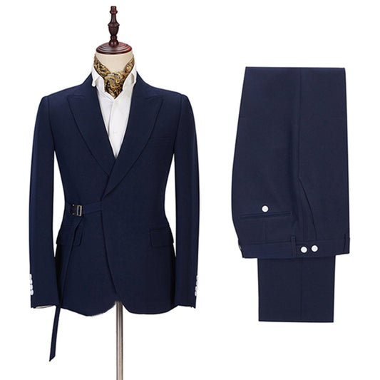 Stylish Dark Blue Peaked Lapel Wool Prom Men Suits