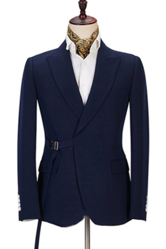 Stylish Dark Blue Peaked Lapel Wool Prom Men Suits