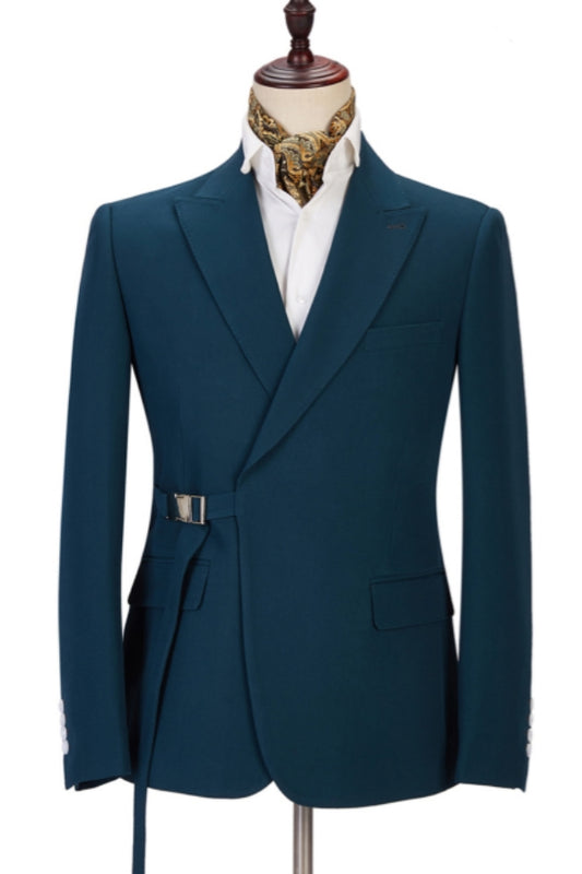Newest Dark Green Peaked Lapel Wool Prom Men Suits