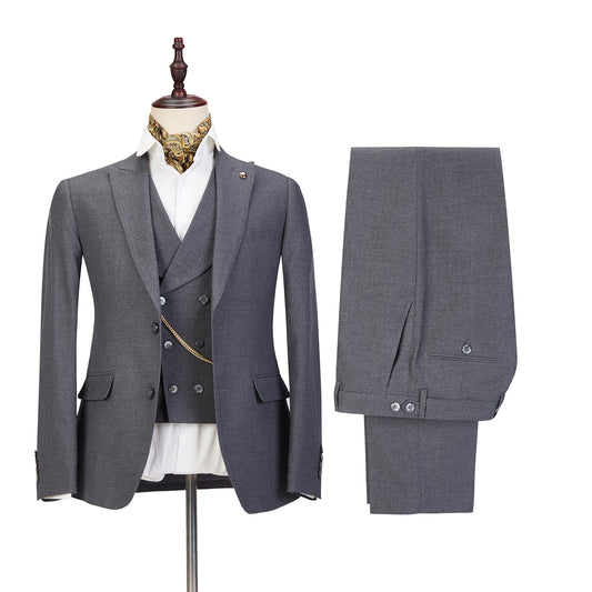 Fashion Gray 3 Pieces Peaked Lapel Wool Business Suits
