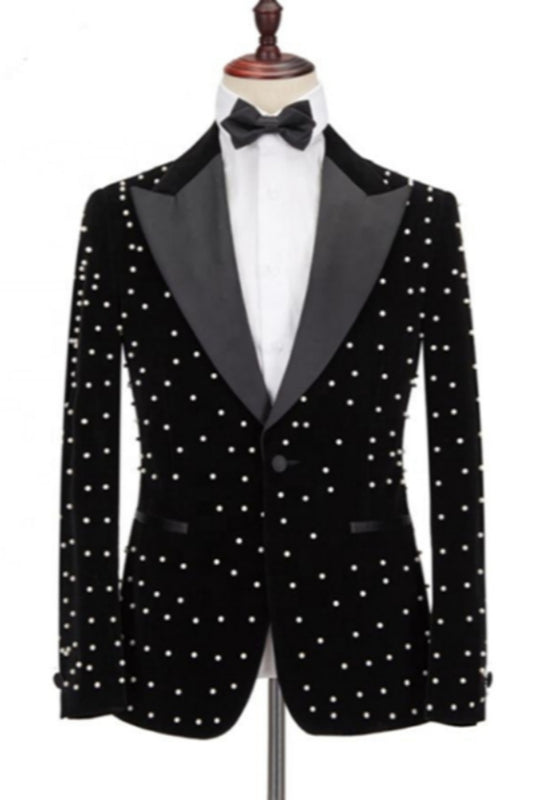 Unique Black Beadings Peaked Lapel Prom Men Suits