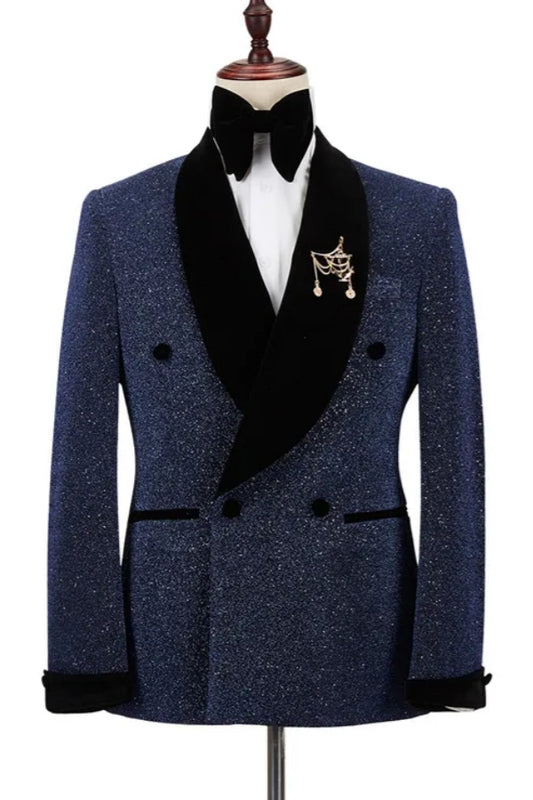 Shiny Dark Blue Double Breasted Shawl Lapel Wedding Suits