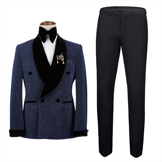 Shiny Dark Blue Double Breasted Shawl Lapel Wedding Suits