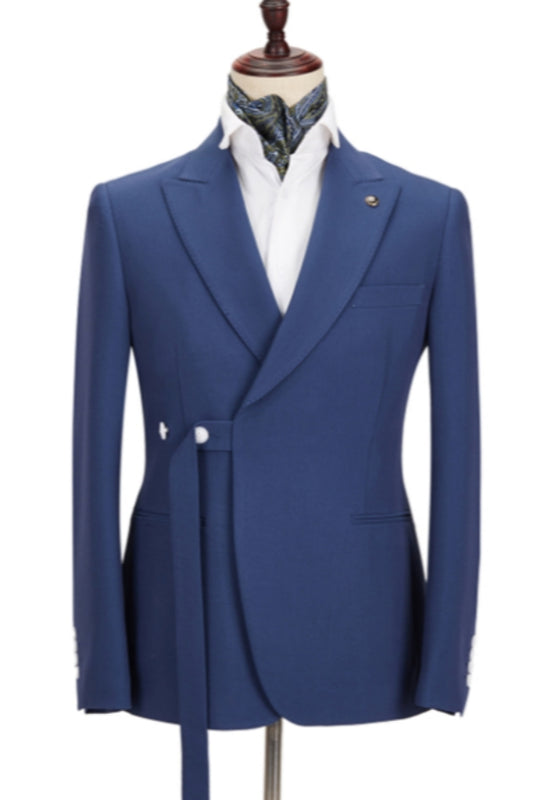 Cool Dark Blue Peaked Lapel Wool Prom Men Suits