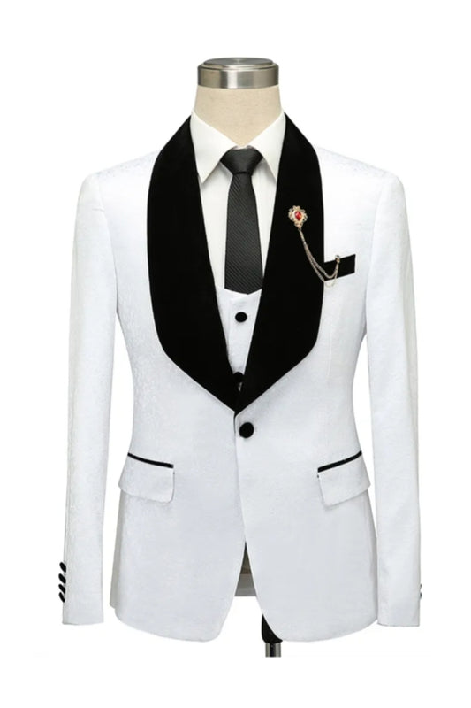 White Best Fitted Jacquard 3 Pieces Shawl Lapel Wedding Suits