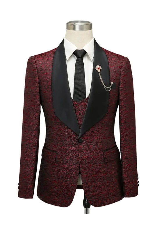 Glamorous Burgundy Jacquard 3 Pieces Shawl Lapel Wedding Suits