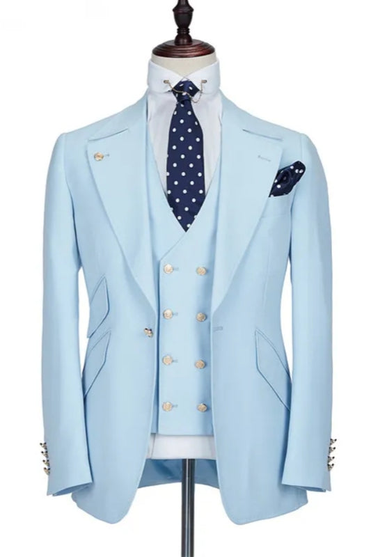 Stylish Sky Blue Peaked Lapel Wool Prom Men Suits