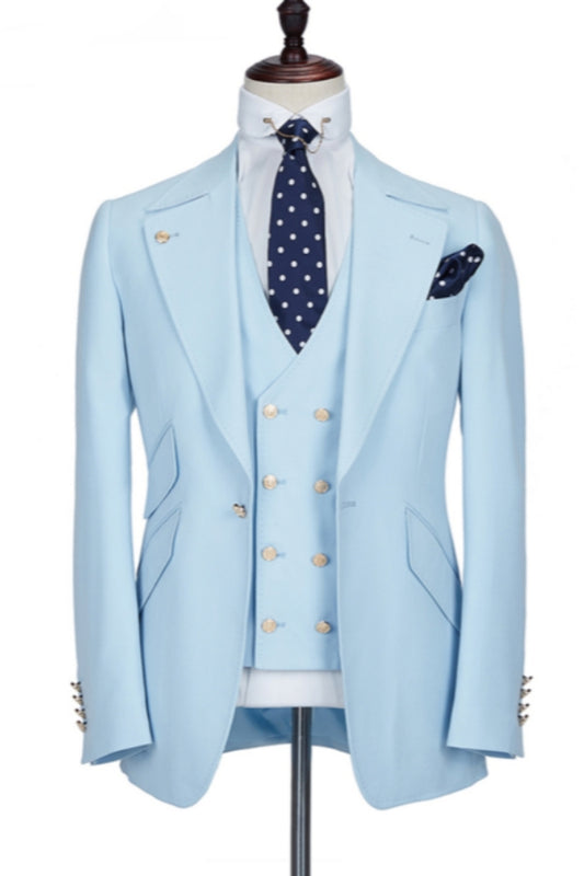 Stylish Sky Blue Peaked Lapel Wool Prom Men Suits
