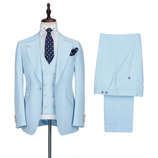 Stylish Sky Blue Peaked Lapel Wool Prom Men Suits