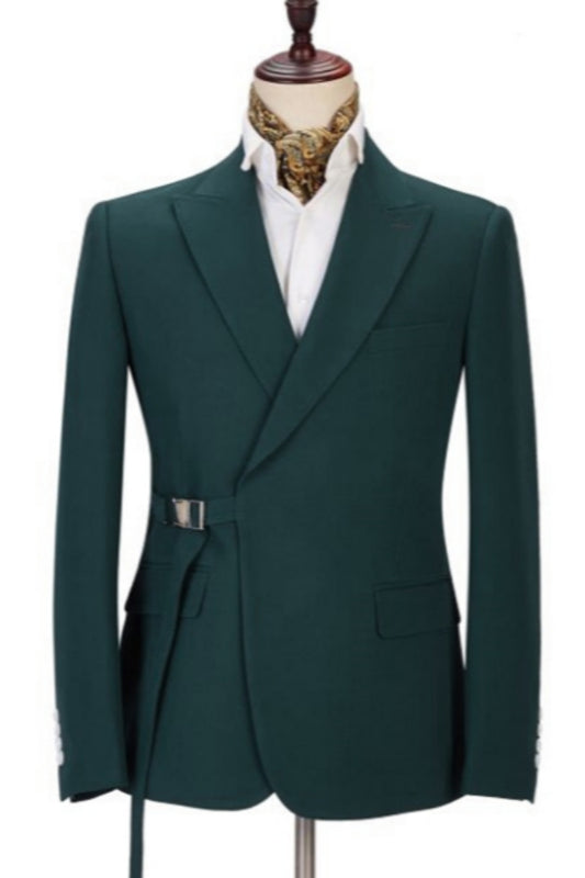 Formal Dark Green Peaked Lapel Wool Business Men Suits