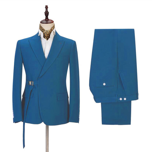 Lake Blue Peaked Lapel Wool Men Suits With Adjust Belt