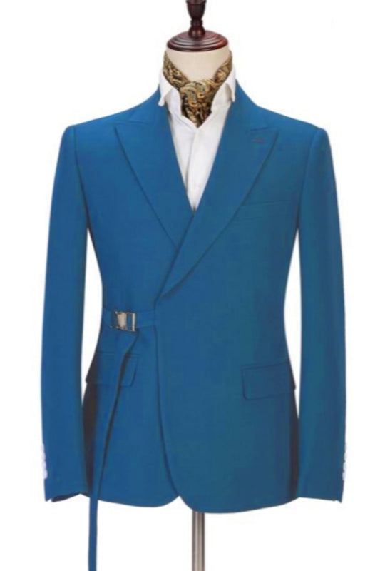 Lake Blue Peaked Lapel Wool Men Suits With Adjust Belt