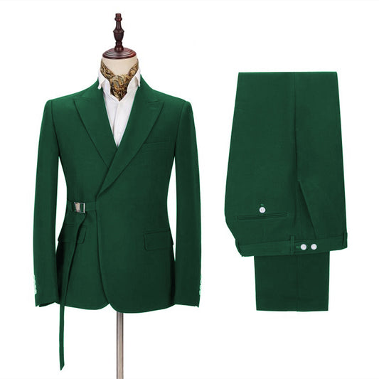 Slim Fit Green Peaked Lapel Wool Adjust Belt Prom Men Suits