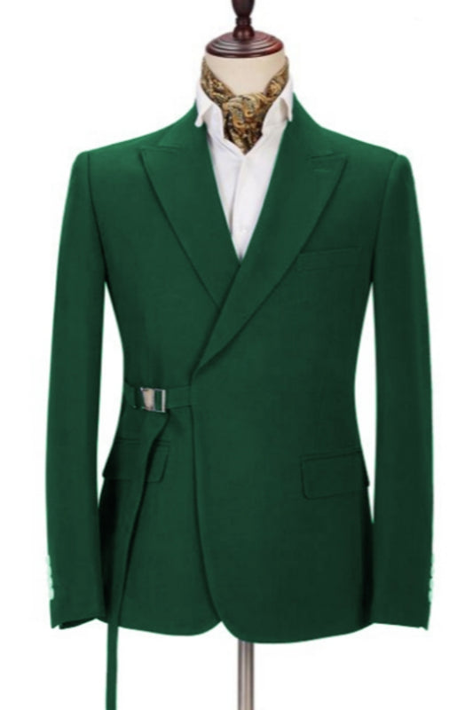 Slim Fit Green Peaked Lapel Wool Adjust Belt Prom Men Suits