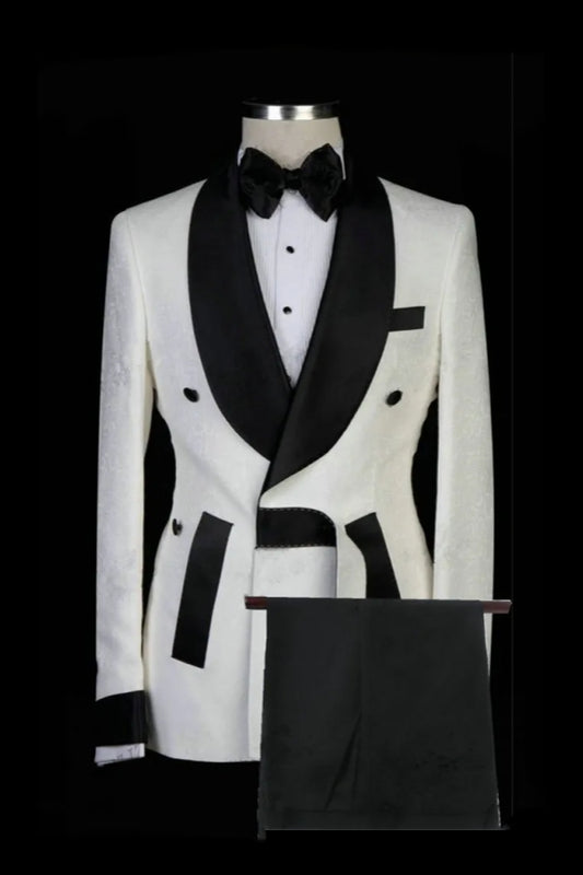 Unique Designed White Jacquard Bespoke Shawl Lapel Wedding Suits