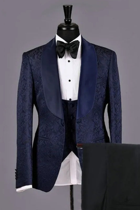 Popular Dark Navy Jacquard Shawl Lapel Wedding Suits With Waistcoat