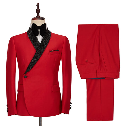 Gentle Red Sequins Shawl Lapel Wool Wedding Suits