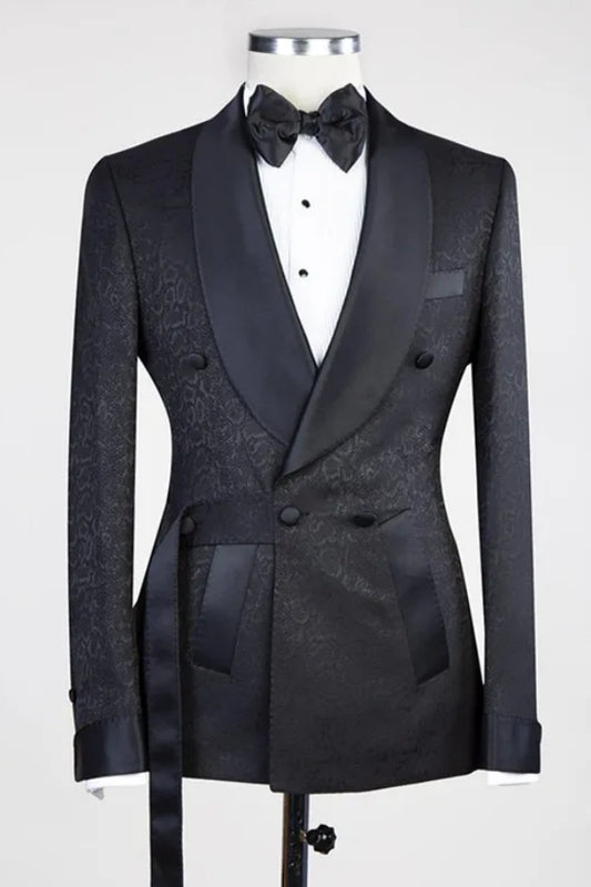 Modern Black Jacquard Double Breasted Shawl Lapel Wedding Suits