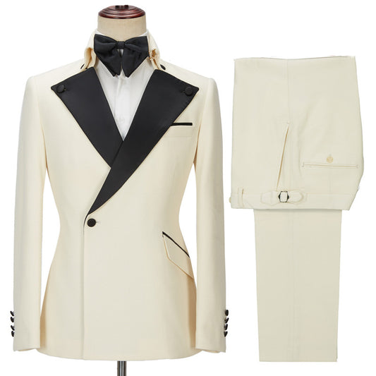 Off White One Button Peaked Lapel Wool Prom Men Suits