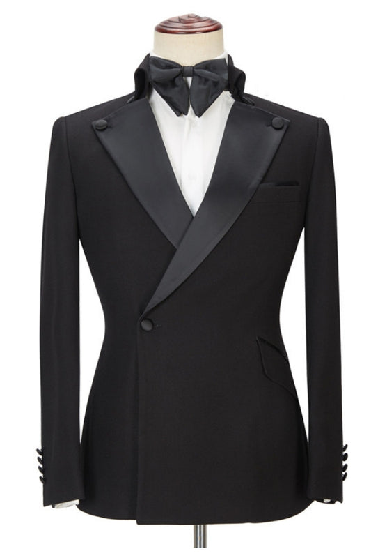 Classical Black One Button Peaked Lapel Wool Business Men Suits
