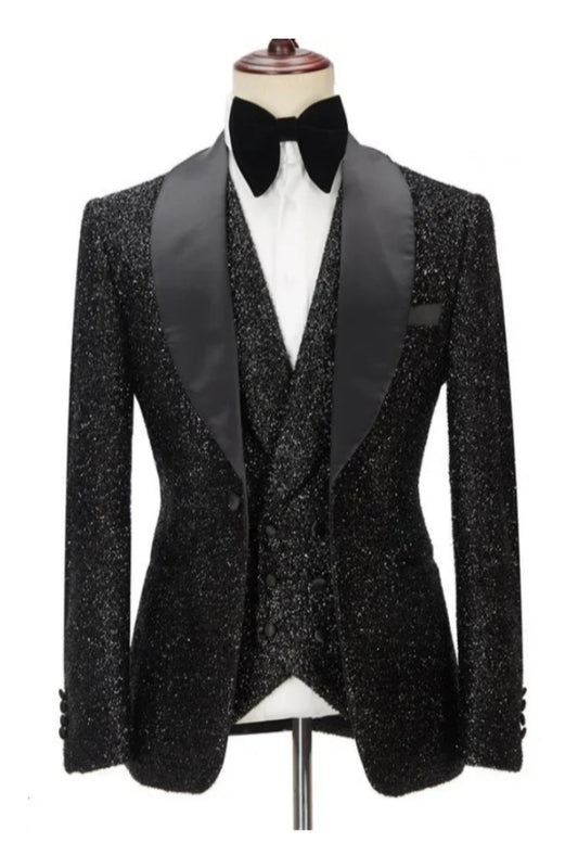 Bespoke Black Sequins 3 Pieces Shawl Lapel Wedding Suits
