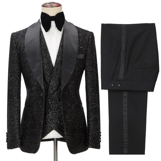 Bespoke Black Sequins 3 Pieces Shawl Lapel Wedding Suits