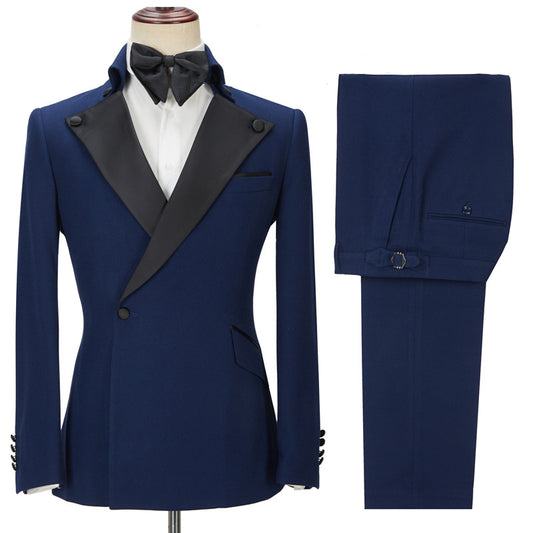 Stylish Dark Blue One Button Peaked Lapel Wool Prom Men Suits