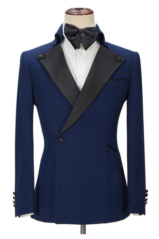 Stylish Dark Blue One Button Peaked Lapel Wool Prom Men Suits